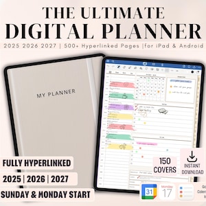 Peut inclure: Une application de planificateur numérique sur l'écran d'une tablette avec un schéma de couleurs rose, jaune et vert. L'application propose 150 couvertures, un téléchargement instantané et des intégrations de calendrier et de rappels Google et Apple. Le texte à l'écran indique "THE ULTIMATE DIGITAL PLANNER 2025 2026 2027 | 500+ Hyperlinked Pages for iPad & Android".