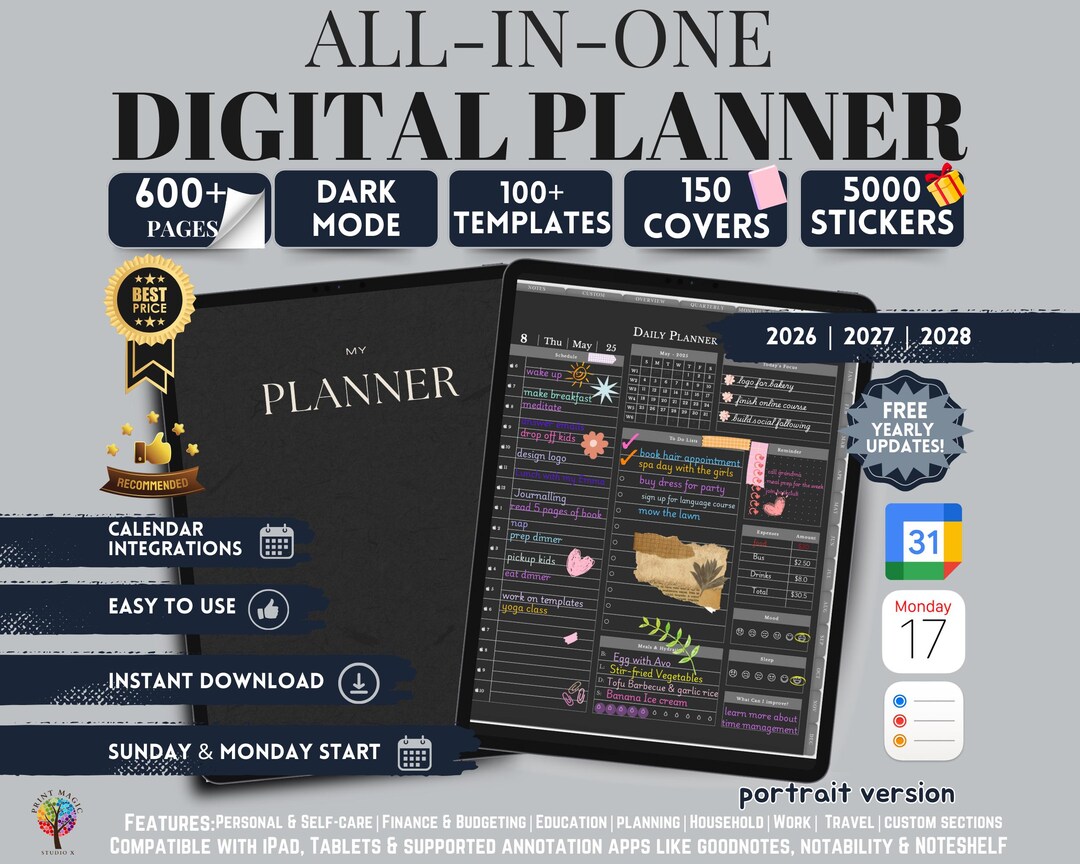 Dark Mode All in One Digital Planner Portrait 2026, 2027, 2028 Planner ...