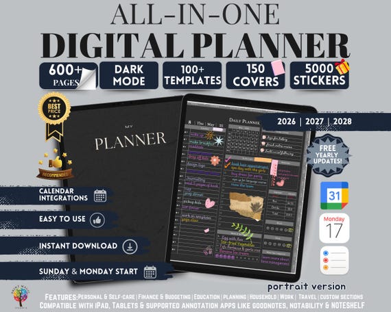 Dark Mode All In One Digital Planner Portrait 2026, 2027, 2028 Planner, Digital Journal, Digital Goodnotes Template, Weekly, Daily Planner