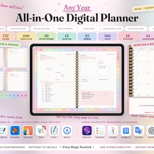 May include: An Any Year All-in-One Digital Planner with 737 pages, 100 templates, and 12 months. The interface features a rainbow colour scheme, gold wire binding, and hyperlinks. It is compatible with apps like GoodNotes, Notability, and Google Calendar.
