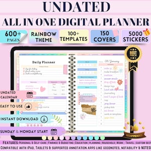 Può includere: Planner digitale su tablet con rilegatura a spirale, con tema arcobaleno e varie sezioni. Il planner include oltre 600 pagine, oltre 100 modelli, 150 copertine e 5000 adesivi. Il testo include "Senza data", "Planner digitale all-in-one" e "Sunday & Monday Start".