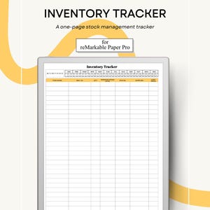 Könnte beinhalten: Ein digitaler Inventar-Tracker für reMarkable Paper Pro. Das Bild zeigt ein digitales Tablet mit Tabellenkalkulationslayout, mit Spalten für Artikelname, SKU, Menge und Lieferant. Der Text "INVENTORY TRACKER" steht oben.