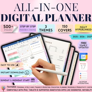 All-in-One Digital Planner 2025, 2026 Digital Planner, Digital Journal, Digital Goodnotes Template, Weekly, Daily Planner, Notability