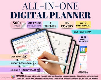 All-in-One Digital Planner 2025, 2026 Digital Planner, Digital Journal, Digital Goodnotes Template, Weekly, Daily Planner, Notability