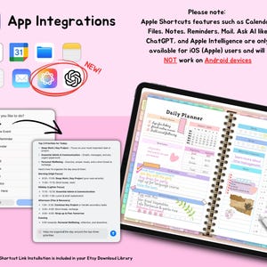 May include: Digital planner with app integration icons, including calendar, mail, and AI features. The image shows a tablet displaying a daily planner layout with a spiral binding and a stylus. Text on the screen includes "Daily Planner" and "App Integrations."