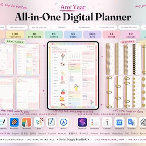 Può includere: Un planner digitale all-in-one Any Year con 737 pagine, 100 modelli, 12 mesi, 53 settimane, 365 giorni, 11 dorsi, 12 colori e 14 lingue. Il display mostra un'interfaccia tablet con pianificazione giornaliera, varie opzioni di dorsi a spirale e ad anelli, e icone per app compatibili come GoodNotes, Notability e Google Calendar.