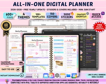 All In One Digital Planner 2026, 2027, 2028 Digital Planner, Digital Journal, Digital GoodNotes Template, Weekly, Daily, Notes+ Notability