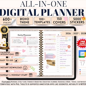 Agenda Digital Minimalista com Tema Boho Tudo em Um 2026 2027 2028, Diário Digital, Modelo Digital para Goodnotes, Agenda Semanal e Diária