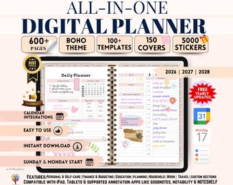 Minimalist Boho Themed All In One Digital Planner 2026 2027 2028 Planner, Digital Journal, Digital Goodnotes Template, Weekly, Daily Planner