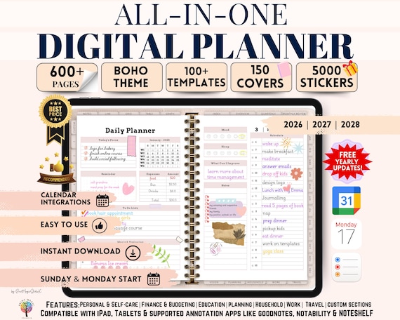 Minimalist Boho Themed All In One Digital Planner 2026 2027 2028 Planner, Digital Journal, Digital Goodnotes Template, Weekly, Daily Planner
