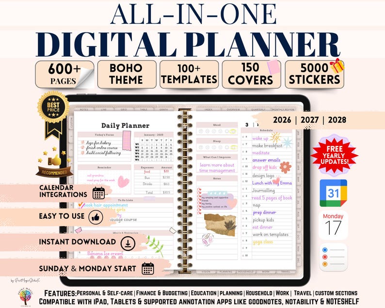 Minimalist Boho Themed All In One Digital Planner 2026 2027 2028 Planner, Digital Journal, Digital Goodnotes Template, Weekly, Daily Planner image 1