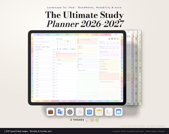 2026-2027 The Ultimate Study Planner Landscape Digital Planner for iPad, GoodNotes Study Planner, Hyperlinked Student Planner, 3 Themes