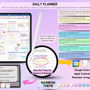 May include: A digital daily planner with a rainbow theme. The planner features a calendar, to-do list, meal planning section, notes section, and auto-set times for calendars and reminders. The planner is compatible with Apple and Google calendars and reminders. The image also includes a digital pen and a tablet.