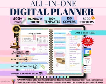 All In One Digital Planner 2025, 2026, 2027 Yearly Updates, Digital Journal, Digital Goodnotes Template, Weekly, Daily Planner, Monthly plan