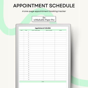 Könnte beinhalten: Eine digitale Terminplanvorlage für reMarkable Paper Pro. Die Vorlage hat ein Rasterlayout mit Spalten für Datum, Uhrzeit, Kundenname, Service und Notizen. Der Titel "Appointment Schedule" steht oben, darunter der Text "A one-page appointment booking tracker".