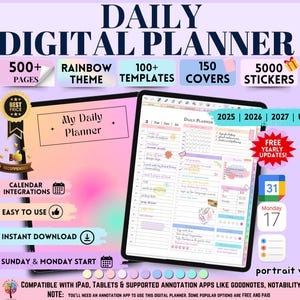Puede incluir: Planificador diario digital con tema arcoíris, más de 500 páginas, 100+ plantillas, 150 cubiertas y 5000 pegatinas. Ofrece integraciones de calendario, fácil de usar y descarga instantánea. Compatible con iPad, tabletas y aplicaciones de anotación.