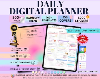 Daily Digital Planner Portrait 2025, 2026, 2027, UNDATED Monthly Weekly Daily Notes Apple Google Calendar Integration GoodNotes, Notability
