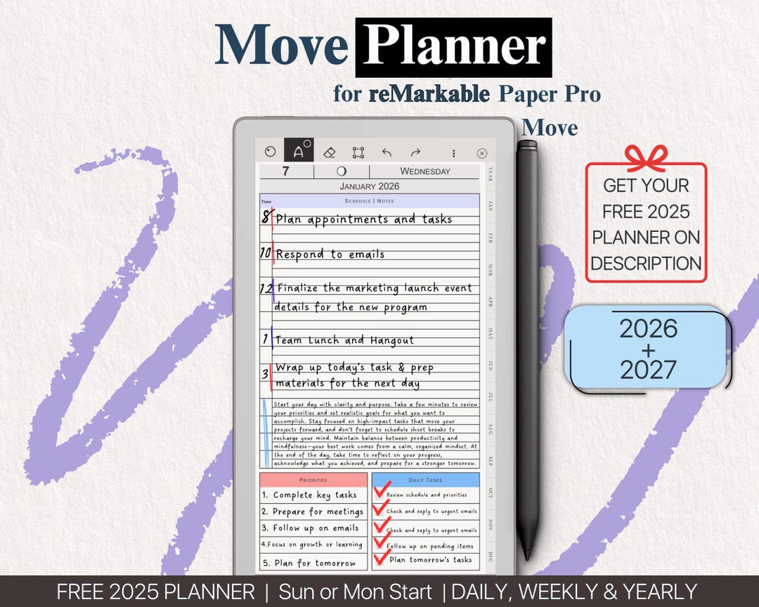 Daily Planner for Remarkable Paper Pro Move Tablets, Eink Templates ...