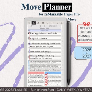 May include: A digital planner for reMarkable Paper Pro, displaying a January 2026 daily schedule. The planner includes sections for appointments, emails, and tasks. A black stylus rests beside the tablet. Text on the image reads "Move Planner" and "Get your free 2025 planner on description."