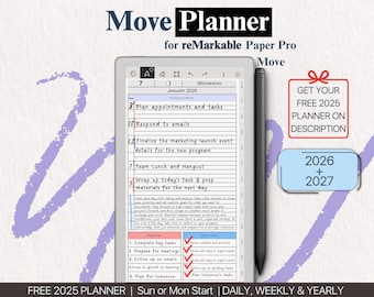 Daily Planner for Remarkable Paper Pro Move tablets, eInk templates, hyperlinked PDF, calendar, agenda