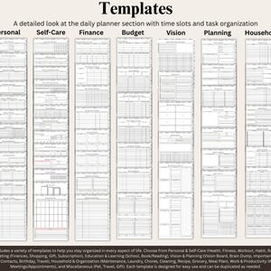 May include: A black and white image showing a variety of daily planner templates. The templates are organized into categories: Personal, Self-Care, Finance, Budget, Vision, Planning, and Household. The image includes the text "Templates" and "A detailed look at the daily planner section with time slots and task organization".