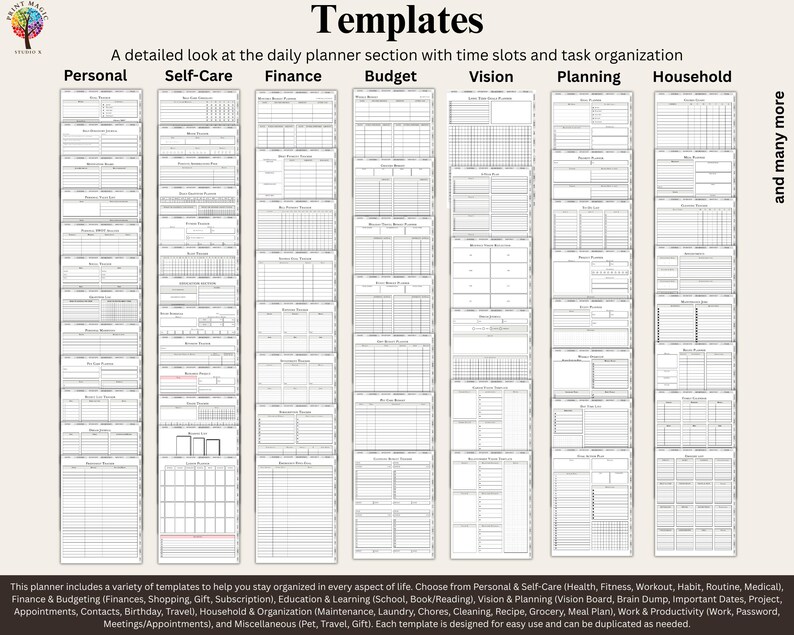 May include: A black and white image showing a variety of daily planner templates. The templates are organized into categories: Personal, Self-Care, Finance, Budget, Vision, Planning, and Household. The image includes the text "Templates" and "A detailed look at the daily planner section with time slots and task organization".