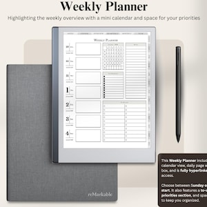 May include: A black and gray stylus pen on a gray textured surface. A black and white weekly planner is displayed on a gray e-reader with the text "Weekly Planner" and "reMarkable". The planner includes a mini calendar, daily page with a review box, and is fully hyperlinked for quick access. Choose between Sunday or Monday start. It also features a to-do list, priorities section, and space for notes to keep you organized.