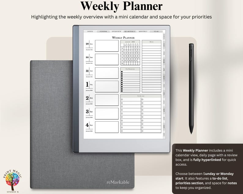 May include: A black and gray stylus pen on a gray textured surface. A black and white weekly planner is displayed on a gray e-reader with the text "Weekly Planner" and "reMarkable". The planner includes a mini calendar, daily page with a review box, and is fully hyperlinked for quick access. Choose between Sunday or Monday start. It also features a to-do list, priorities section, and space for notes to keep you organized.