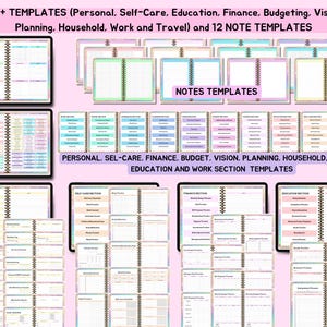 May include: Digital planner templates with various layouts for personal, self-care, finance, and education. The image displays multiple open notebooks and individual pages with colorful pastel designs and text. The text includes "100+ TEMPLATES" and "NOTES TEMPLATES."