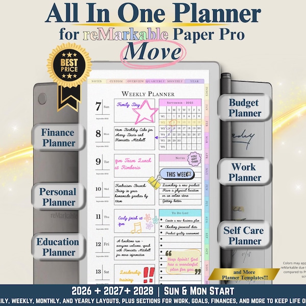 For reMarkable Paper Pro Move All In One Digital Planner 2026, 2027, 2028 Templates Digital Journal, Daily Planner, Weekly Journal Monthly