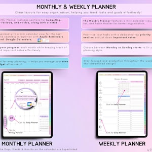 May include: A digital planner with a monthly and weekly view. The monthly view includes sections for budgeting, monthly reviews, and to-dos. The weekly view includes a mini calendar, to-do list, and habit tracker. The planner is designed for easy organization and helps you track tasks and goals effortlessly.