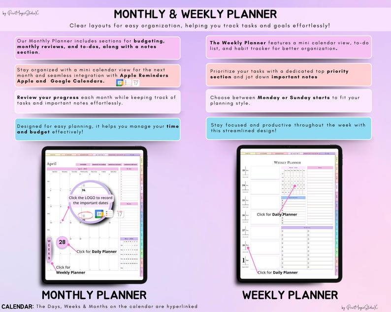 May include: A digital planner with a monthly and weekly view. The monthly view includes sections for budgeting, monthly reviews, and to-dos. The weekly view includes a mini calendar, to-do list, and habit tracker. The planner is designed for easy organization and helps you track tasks and goals effortlessly.