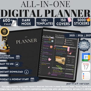Dark Mode All In One Digital Planner Portrait 2025 2026 2027 Planner, Digital Journal, Digital Goodnotes Template, Weekly, Daily Planner