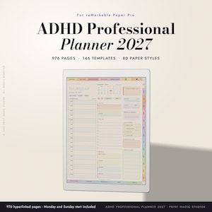 Puede incluir: Una agenda digital para reMarkable Paper Pro titulada ADHD Professional Planner 2027, con 976 páginas, 146 plantillas y 80 estilos de papel. La pantalla muestra un horario diario, lista de tareas, seguimiento de comidas y hábitos en colores pastel.