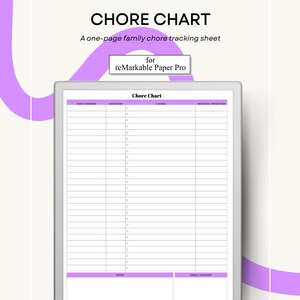 May include: A digital chore chart for reMarkable Paper Pro. The chart is white with a purple header and footer. The text "CHORE CHART" is at the top, with the words "A one-page family chore tracking sheet" below it. The chart is designed for family use.