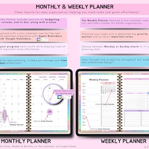 May include: A digital planner with monthly and weekly layouts. The planner includes sections for budgeting, reviews, and to-dos. The weekly planner features a mini calendar view, to-do list, and habit tracker. The text on the image says "MONTHLY & WEEKLY PLANNER".