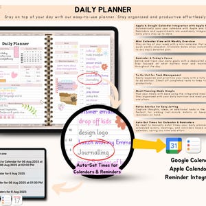 May include: A digital daily planner displayed on a tablet, featuring a spiral-bound notebook layout with sections for tasks, appointments, and notes. The planner integrates with Google Calendar and Apple Reminders, with a mini calendar view and meal planning features. Text on the screen says "Daily Planner".