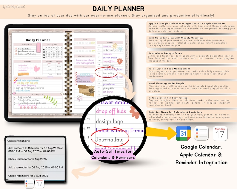 May include: A digital daily planner displayed on a tablet, featuring a spiral-bound notebook layout with sections for tasks, appointments, and notes. The planner integrates with Google Calendar and Apple Reminders, with a mini calendar view and meal planning features. Text on the screen says "Daily Planner".