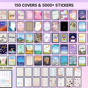 May include: A digital planner with 150 covers and 5000+ stickers. The covers feature a variety of designs, including floral, geometric, and abstract patterns. The stickers are also diverse, with options for different occasions and themes. The text "150 COVERS & 5000+ STICKERS" is displayed at the top of the image.
