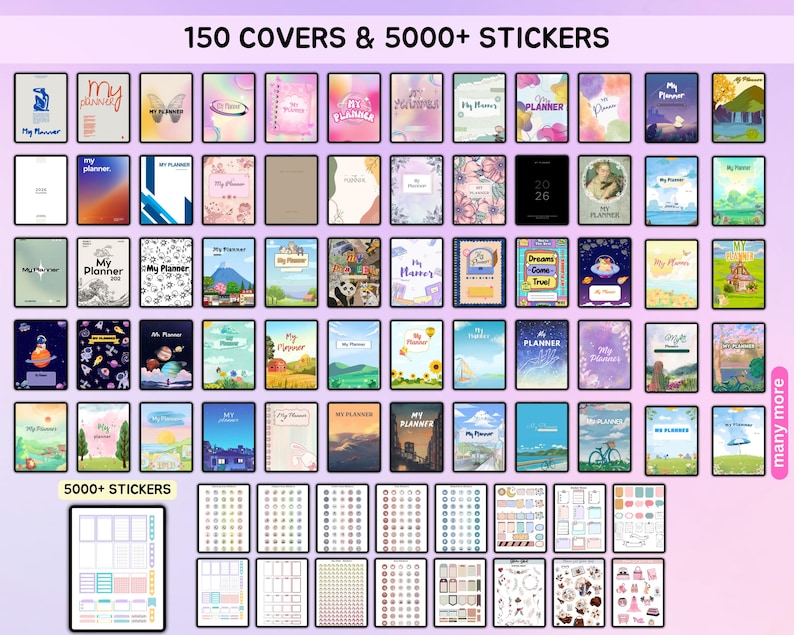 May include: A digital planner with 150 covers and 5000+ stickers. The covers feature a variety of designs, including floral, geometric, and abstract patterns. The stickers are also diverse, with options for different occasions and themes. The text "150 COVERS & 5000+ STICKERS" is displayed at the top of the image.