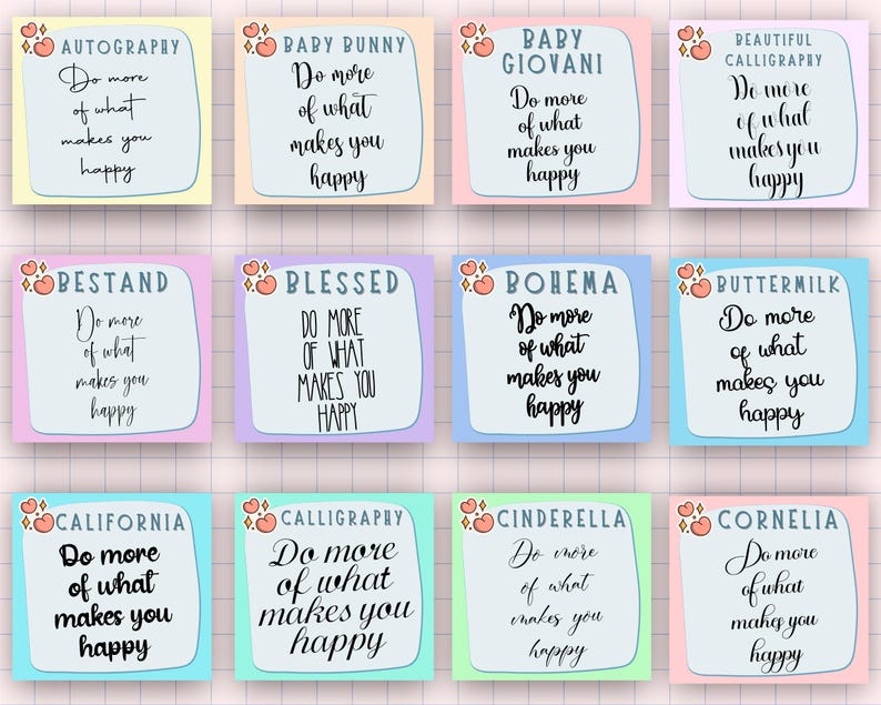 May include: A set of 12 printable digital cards with pastel backgrounds and black text. Each card features a different name and the phrase "Do more of what makes you happy".