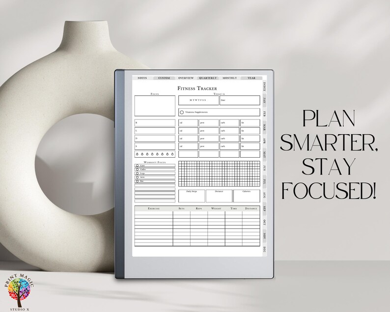 May include: A black and white printable fitness tracker with the text "Fitness Tracker" and "Plan Smarter, Stay Focused!"  The tracker includes sections for daily, weekly, monthly, quarterly, and yearly goals.