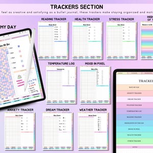 May include: A digital planner with a pastel color scheme and a variety of trackers for daily activities, including rate my day, reading, health, stress, temperature log, mood in pixel, anxiety, dream, weather, and highlights of the day.
