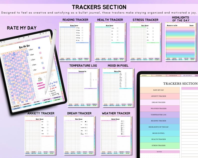 May include: A digital planner with a pastel color scheme and a variety of trackers for daily activities, including rate my day, reading, health, stress, temperature log, mood in pixel, anxiety, dream, weather, and highlights of the day.
