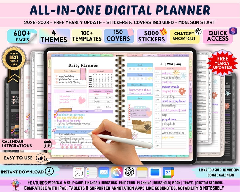 All-In-One Digital Planner 2026, 2027, 2028 Digital Planner, Digital Journal, Digital Goodnotes , Weekly, Daily Planner, Notability image 1