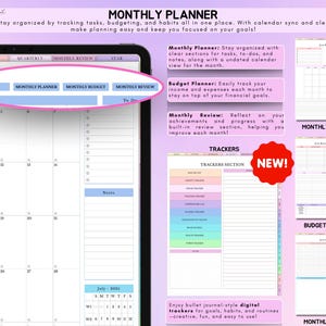 May include: A digital planner template with a monthly calendar, budget tracker, and review section. The template is designed to help users stay organized and track their goals, habits, and finances. The template is colorful and features a pastel rainbow color scheme.