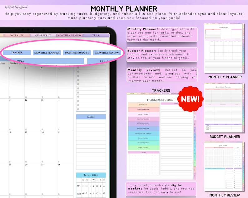 May include: A digital planner template with a monthly calendar, budget tracker, and review section. The template is designed to help users stay organized and track their goals, habits, and finances. The template is colorful and features a pastel rainbow color scheme.