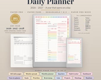 Daily Planner for reMarkable Paper Pro, Paper Pro Move, Paper Pure and reMarkable 2, 2026 2027 Dated Hyperlinked Planner, Left Handed