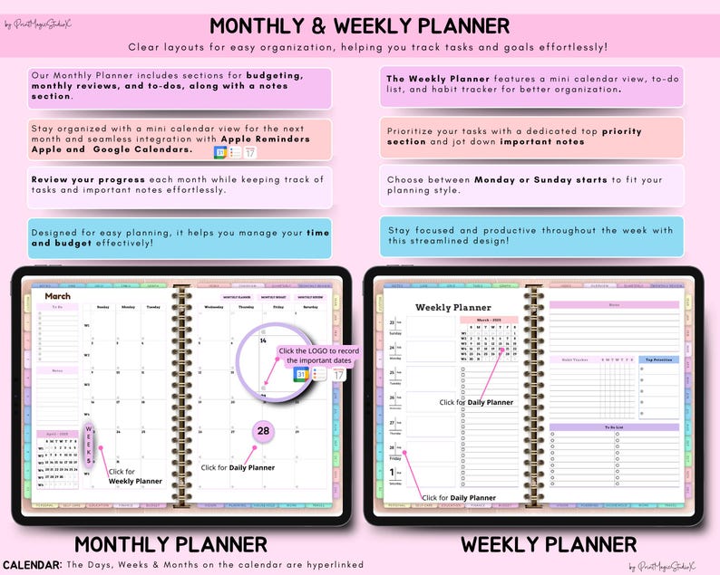 May include: Digital monthly and weekly planner with clear layouts for easy organization. The planner includes sections for budgeting, reviews, and to-dos. It integrates with Apple Reminders and Google Calendars. The weekly planner features a mini calendar view and habit tracker.
