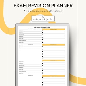 May include: A digital exam revision planner displayed on a tablet. The planner features sections for exam details, revision plans, and topics to cover. The text "EXAM REVISION PLANNER" is at the top, with "A one-page exam preparation planner" below it.